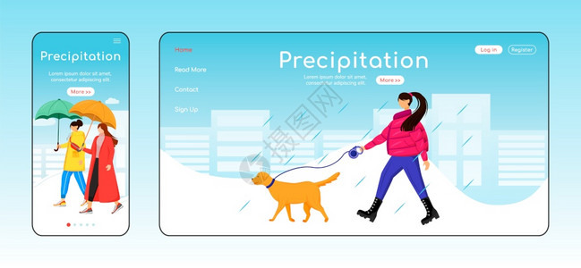 降水量平面彩色矢模板移动显示女士步行狗主页布局雨天一网站界面漫画字符湿天气网络横幅页图片