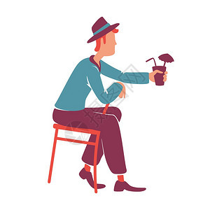1940年代帅的男穿衣人50多岁男坐在椅子上喝酒单人漫画插图图片