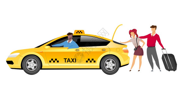 乘坐黄色出租车游客携带行李漫画图图片