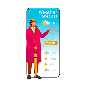 智能手机矢量应用程序屏幕移动电话显示平板格设计模型带雨伞的人衣causin男子气象应用电话界面图片