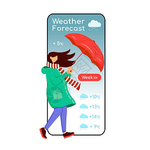 移动电话显示平板格模型雨衣女带伞的气象应用电话界面图片