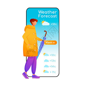 具有平板字符设计模型的移动电话显示器男带雨伞穿衣气象应用电话界面图片