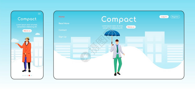 紧凑伞式着陆页面平板彩色矢量模移动显示穿夹克主页布局的人湿天一页网站界面漫画字符时尚的男网络横幅页图片