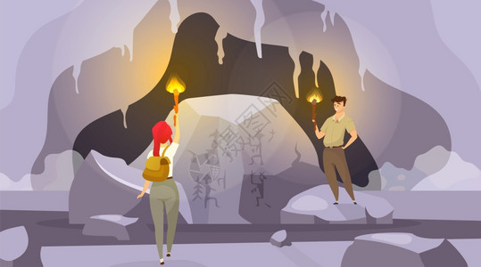 探寻洞穴平方矢量图男女用火炬探索山中女寻找壁画男观察壁画游客漫人物图片