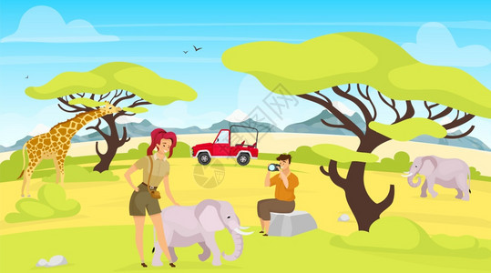 非洲热带草原景观长颈鹿和大象矢量图背景图片