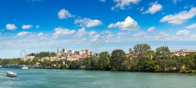 绿色城市教皇宫殿和罗昂河在美丽的夏日里在阿维尼翁河里法兰西背景