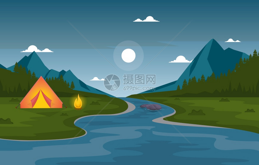 露营冒险户外天公园河流自然景观漫画插图插画图片下载-正版图片