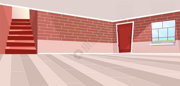 红色调板的卡通老式砖墙门和楼梯图片