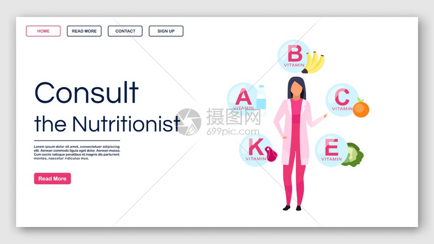 饮食建议网站界面与平板插图的界面概念维生素平衡家庭网页布局络横幅页卡通概念图片