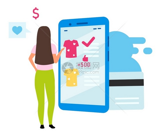 商店妇女利用移动购物应程序选择T恤卡通人物数字购买消费主义和商品图片