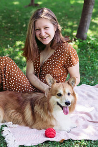 家养狗与女孩在绿草坪上图片