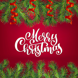 新年向量和圣诞节花环有白色书法快乐的圣诞节文字传统的冬季绿色长青树枝在红色背景上隔离用于贺卡新的向量和圣诞节花环快乐的圣诞节文字图片