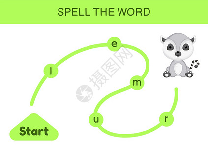 儿童迷宫拼写字游戏模板学习读lemur字可打印的工作表学习英语的活动页儿童成长的教育活动矢量存说明图片