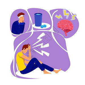 男患有疼痛疾病药物脑炎偏头痛2d卡通人物用于网络设计医疗保健创意头痛平板概念矢量图图片