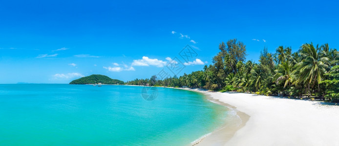 夏日在泰河沿岸的KohSamui岛有棕榈树的热带海滩图片