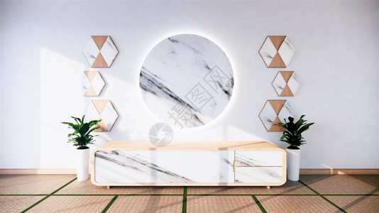 设计现代空房的花岗岩和木制壁炉以及白色地板室内热带风格的白色墙壁3D图片