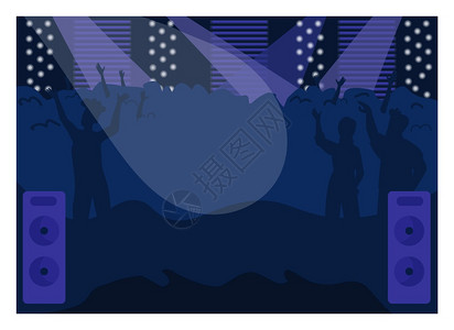 夜总会平板彩色矢量说明有趣的派对音乐活动舞台表演人们享受音乐会夜生活娱城市俱部2d卡通室内背景有舞蹈人群夜总会平板彩色矢量说明图片