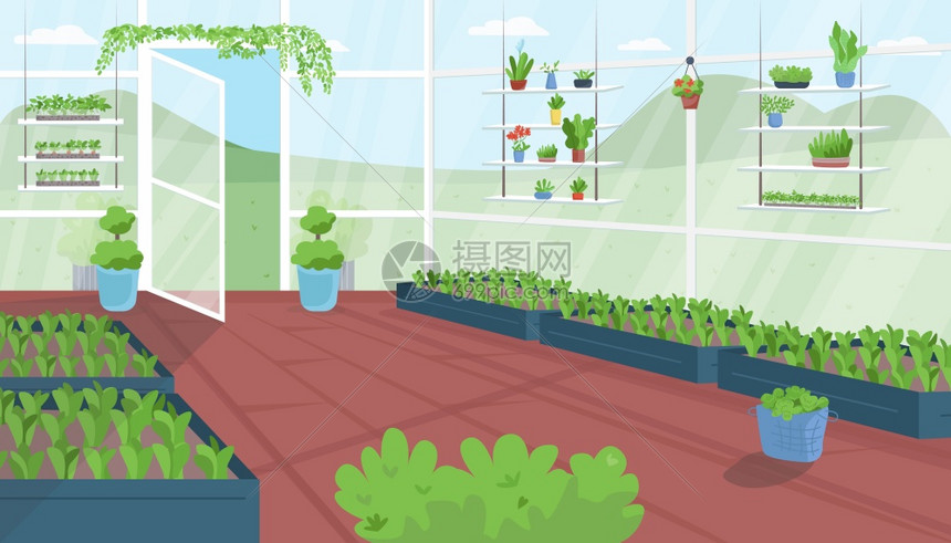 温室平板彩色矢量说明蔬菜种植城市花园艺结构种植房屋农业设施2d卡通