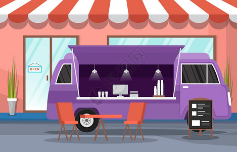 紫色面包汽车街店营业说明图图片