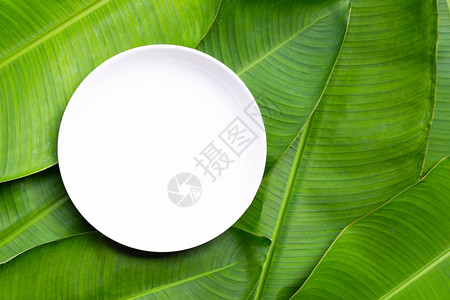 香蕉叶背景上的空白陶瓷板背景图片