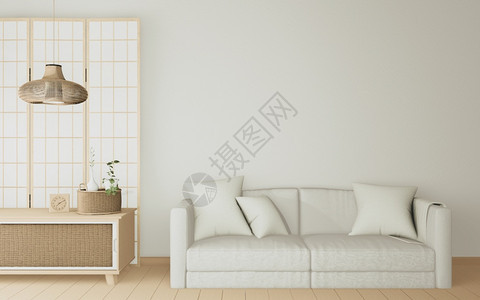 现代室内日本部的白色沙发和木制壁橱3D图片