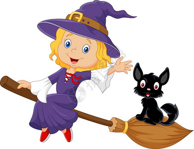 小巫婆和一只黑猫在扫帚上图片