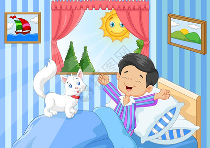 卡通小男孩醒来和猫动物打哈背景图片