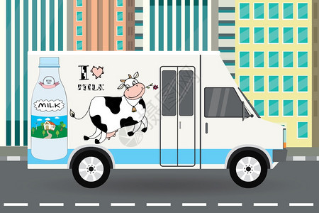 城市公路商用卡车上的牛奶矢量说明图图片