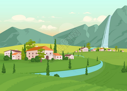 必背农场附近的河流山有瀑布的住宅乡村的2d卡通风景和自然背插画