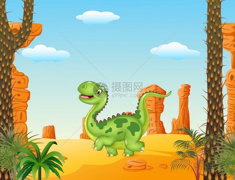 在沙漠背景中走着恐龙的卡通笑话