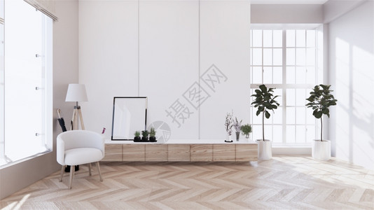 以白色墙壁和木地板热带内室客厅为顶层的木柜板3D背景图片