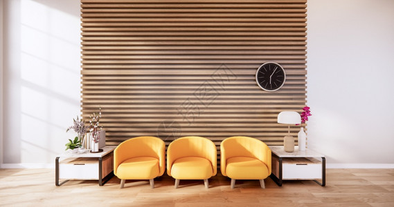 黄色皮椅白色墙底壁的室内房间3D图片