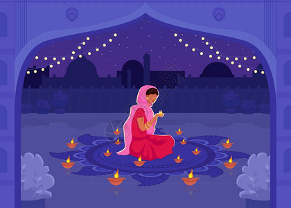 卡罗维瓦利带diya蜡烛的wl节传统的hndu节祈祷具有城市风景背的印度女2d卡通人物配有sari祈祷平面彩色矢量的妇女配有diya蜡烛的插画