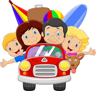 卡通可爱假期开车旅行的一家人背景图片
