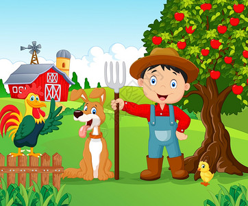卡通小男孩和狗在农场里图片