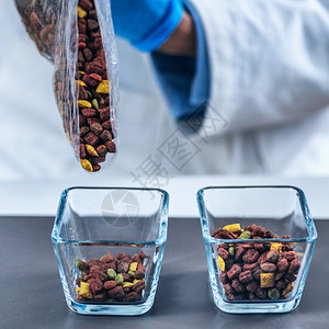 实验室的技术员将干猫食品倒在玻璃罐中实验室的宠物食品质量控制的样本准备图片