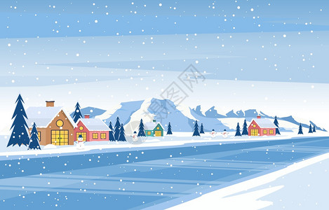 冬季雪松山庄街头自然景观图背景图片