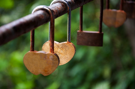 旧的爱情锁或挂在有天然绿树背景的桥杆上图片