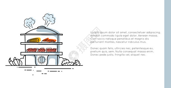 水平横幅带有食物和文本位置的蒸汽机等高水平插图健康的蒸汽食品双锅炉的现代轮廓图像横幅的矢量模板邀请水平横幅带有食物和文本位置的轮图片