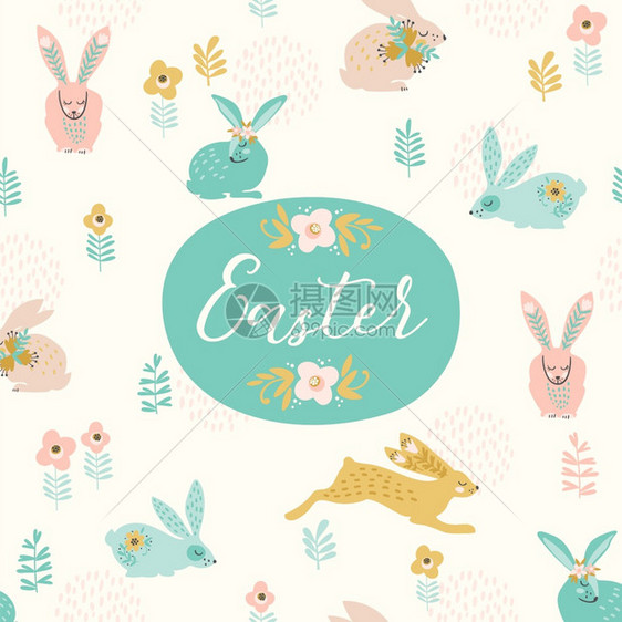 面向卡片海报传单和其他用户的带东方兔子矢量模板快乐的东方人面向卡片传单和其他用户的矢量模板图片