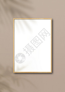 挂在浅米色墙上的木画框花粉的阴影空白模型板挂在浅米色墙上的木画框背景图片