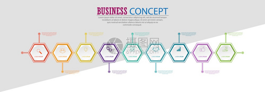 商业概念带有视觉图标的表模板9个业务培训营销或财务成功的阶段图片