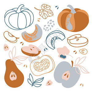 秋天卡通手绘水果蔬菜矢量元素背景图片
