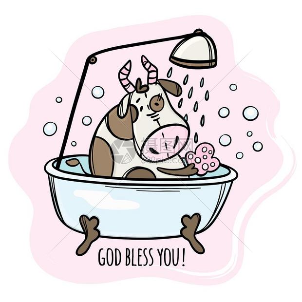 在浴缸洗澡的卡通动物牛矢量插图