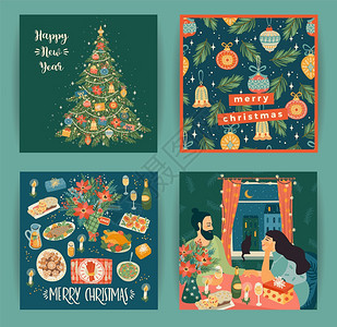 以时髦的漫画风格展示一套圣诞和新年快乐的插图明亮圣诞节符号甜蜜的家人图片