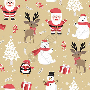 圣诞节无缝模式有圣塔和驯鹿背景冬季模式有北极熊包装纸冬季问候网页背景圣诞节和新年贺卡图片