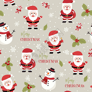 圣诞节无缝模式有圣塔和雪人背景冬季模式有Holy浆果包装纸冬季问候网页背景圣诞节和新年贺卡图片