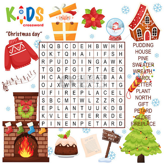 简单的单词搜索纵横字谜圣诞节为儿童在小学小学和中学练习语言理解和扩大词汇量的有趣方法包括答案图片
