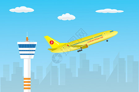 控制塔和起飞的飞机天空背景矢量插画图片