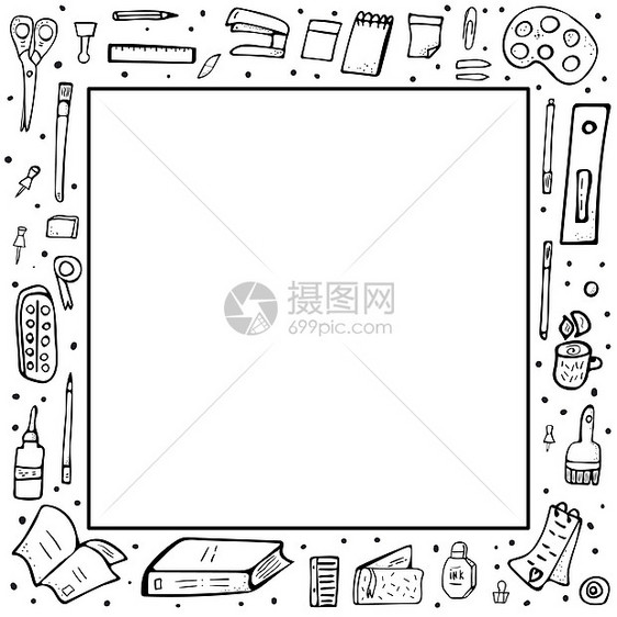 矢量办公室用品的正方形框架收集涂鸦风格的文具图片